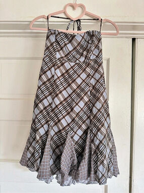Plaid Ruffle halter dree in Gray & Brown Small